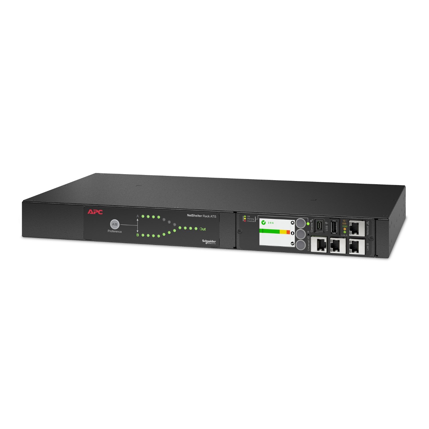 APC by Schneider Electric Netshelter Rack Automatic Transfer Switch, 1U, 20 A, 208V, 2 C20 IN, 8 AP4434A